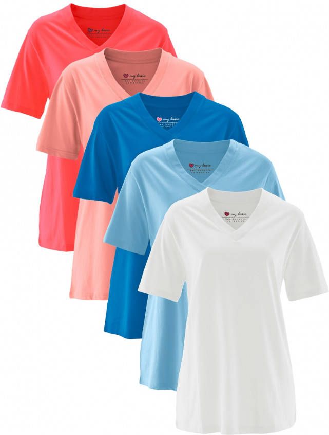 bpc bonprix collection Longshirt met V-hals (set van 5), korte mouw, lichtkoraal+kreeftrood+lichtblauw+azuurblauw+wit
