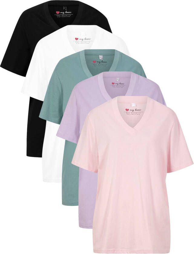 bonprix Wijd longshirt met V hals(set van 5 ), korte mouw