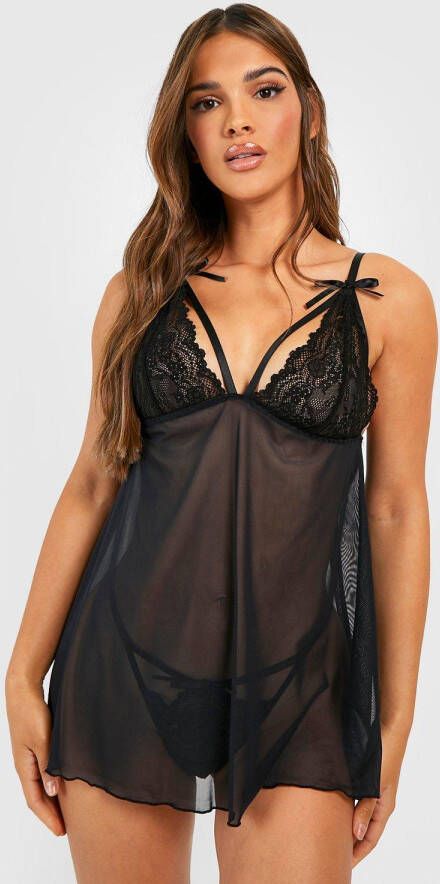 boohoo Babydoll Met Geplooide Zoom En Bandjes En String Set, Black