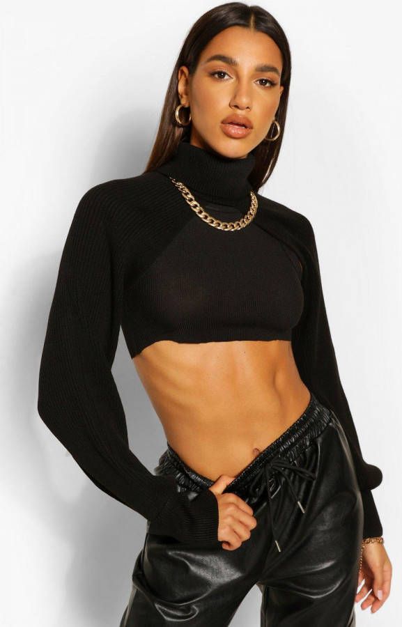 boohoo Geribbelde Gebreide Coltrui Met Pofmouwen, Zwart