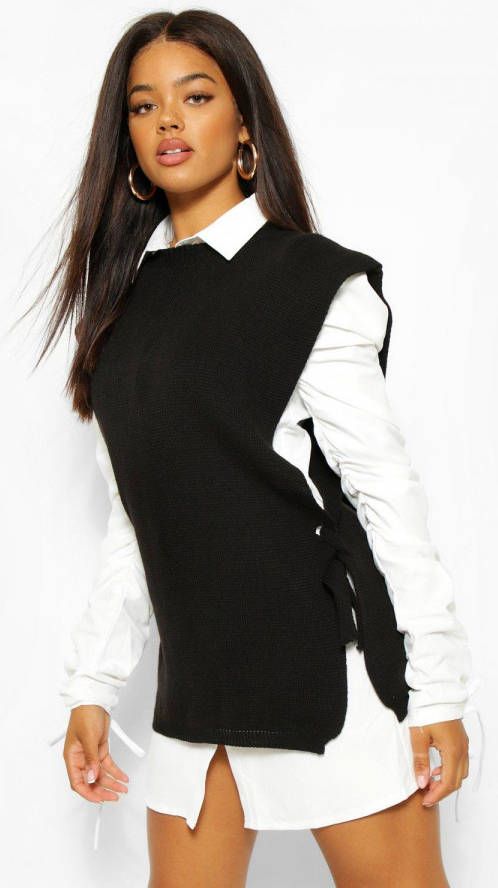 boohoo Gebreide Tank Met Veter Zijkant, Black