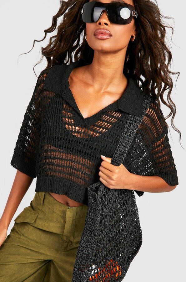 boohoo Gehaakte Boxy Crop Top, Black
