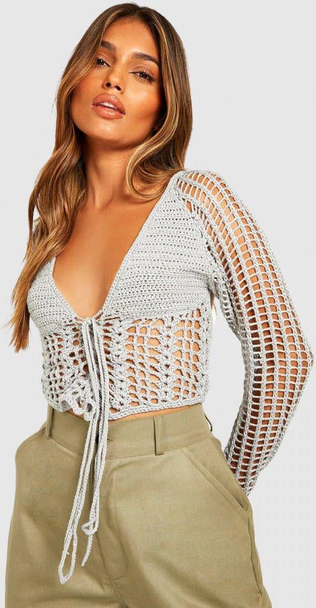 boohoo Gehaakte Halter Corset Top Met Veters, Grey