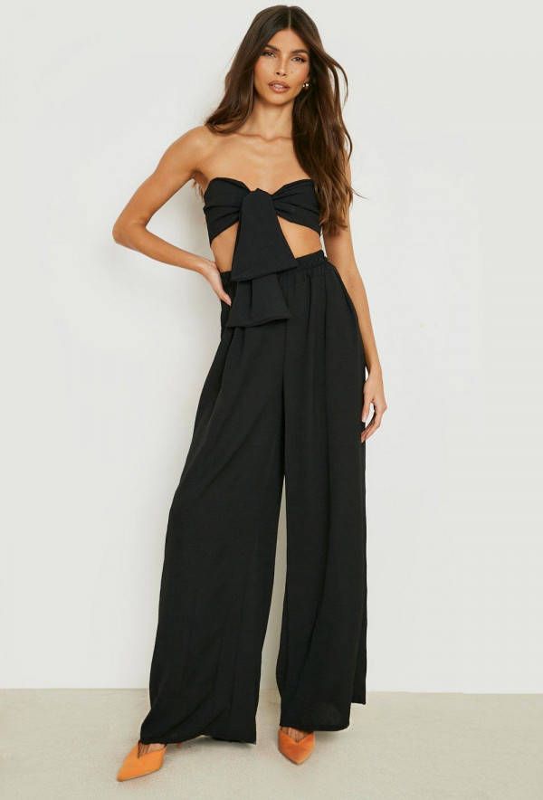 boohoo Geknoopte Bralette Met Textuur En Wide Leg Broek, Black