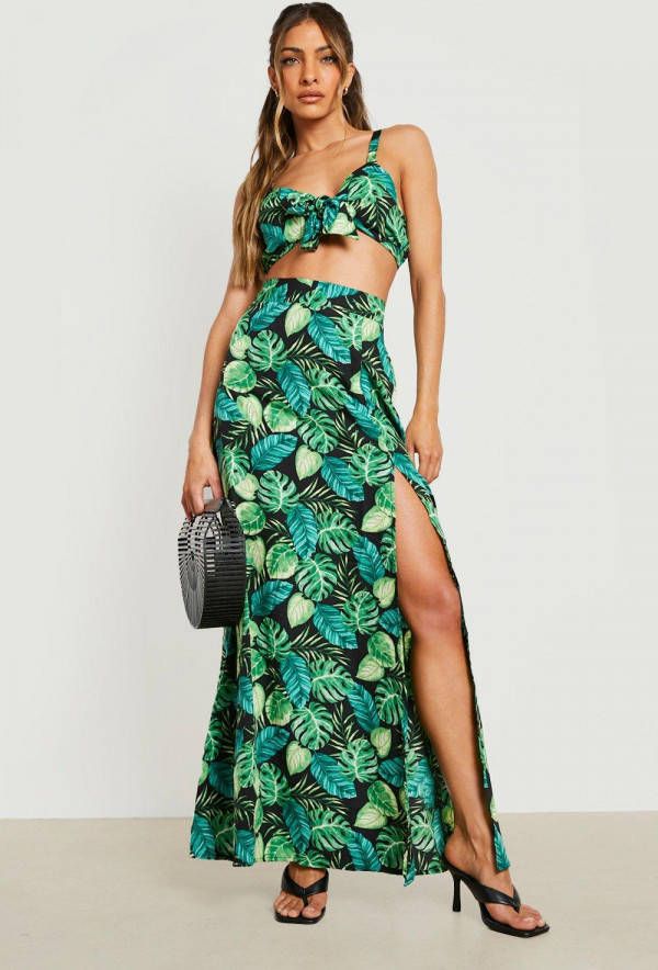 boohoo Geknoopte Palm Print Bralette En Maxi Rok Met Split, Black