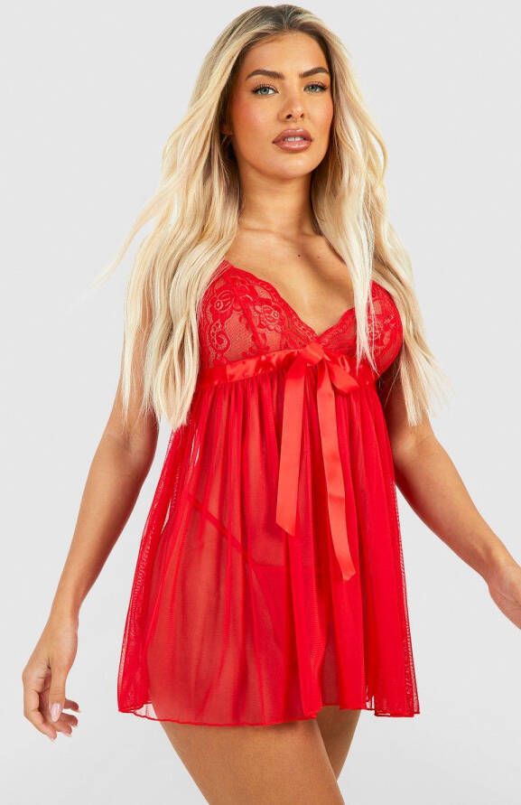 boohoo Geplooide Babydoll Met Strik En String Set, Red