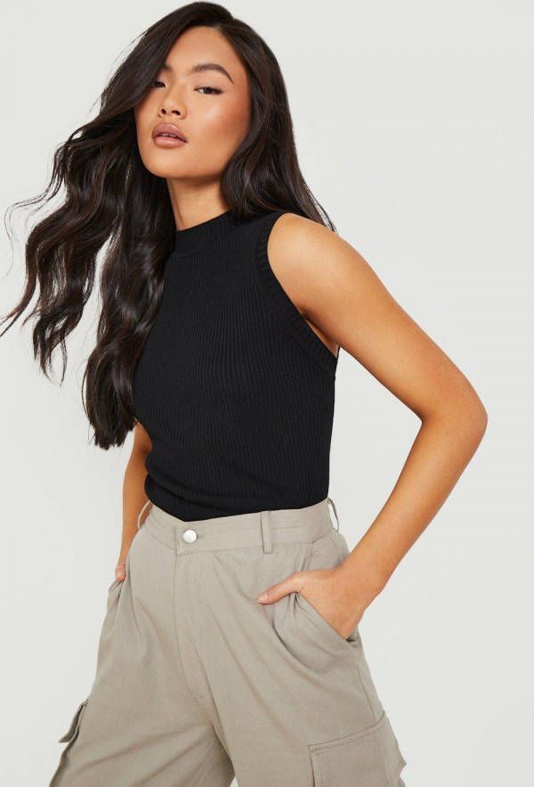 boohoo Geribbelde Gebreide Crop Top Met Hoge Hals, Black