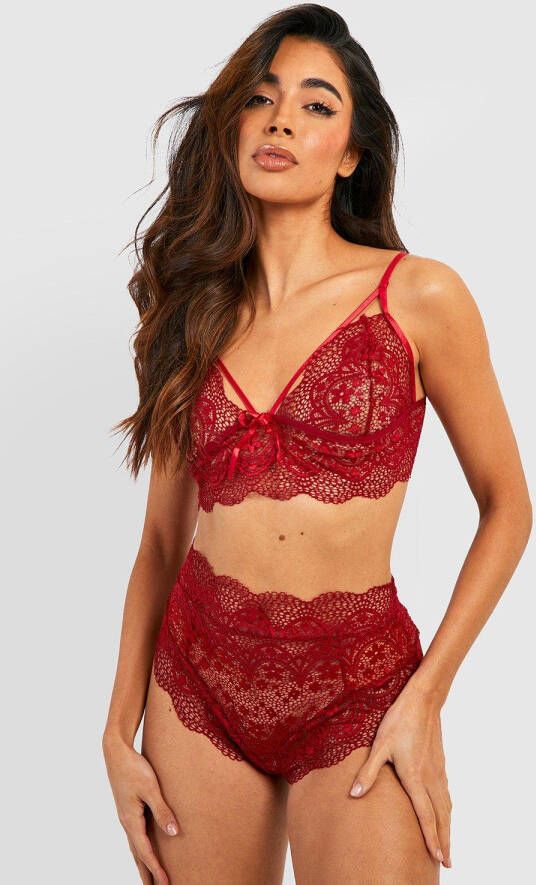 boohoo Kanten Long Line Valentijns Bralette En High Waist Slip Set, Red
