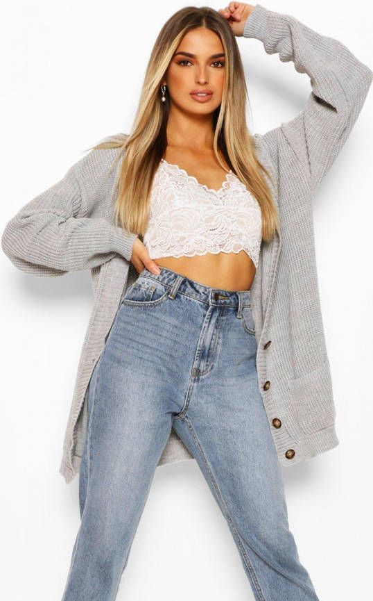 boohoo Oversized Button Through Cardigan, Grey