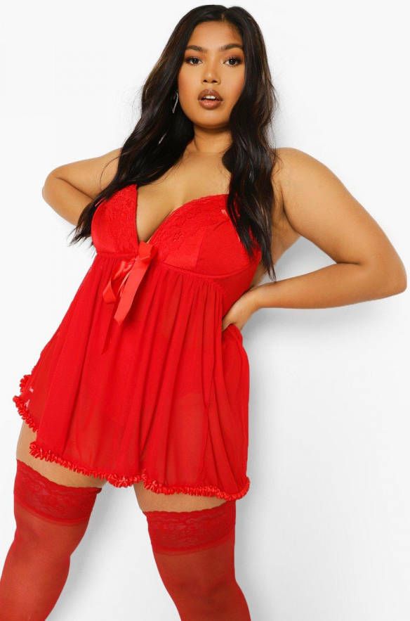 boohoo Plus Babydoll Met Open Rug En Geplooide Zoom, Red