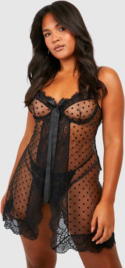 boohoo Plus Babydoll Met Stippen En Kanten Zoom En String Set, Black