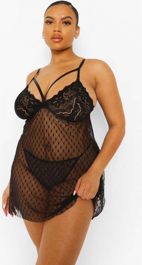 boohoo Plus Mesh Hartjes Babydoll, Black