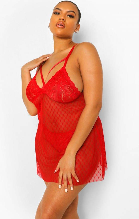 boohoo Plus Mesh Hartjes Babydoll, Red