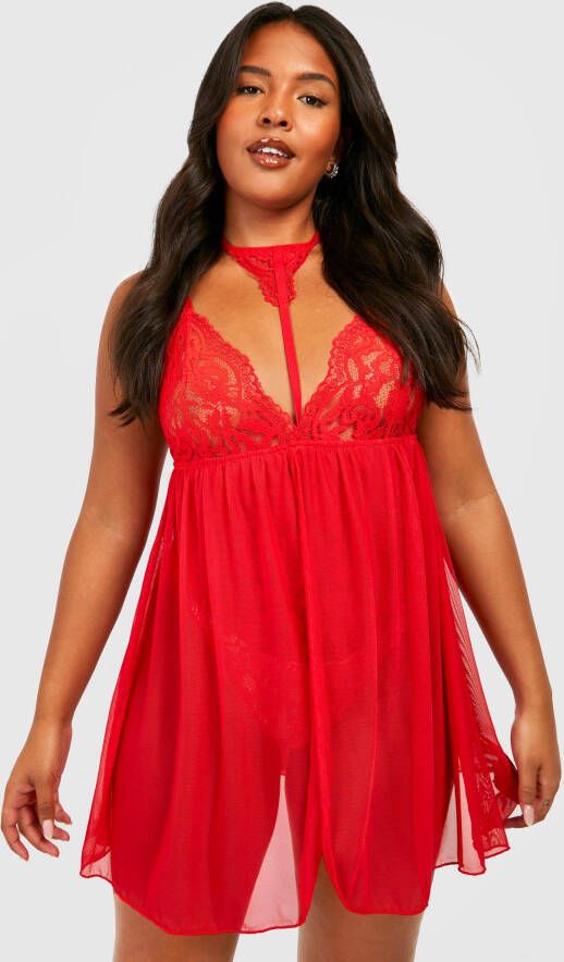 boohoo Plus One Piece Babydoll Met Choker Detail, Red