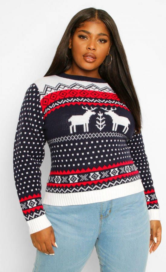 boohoo Plus Christmas Reindeer Sweater, Navy