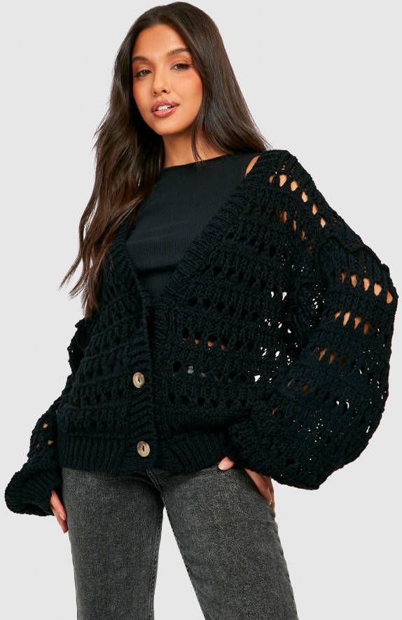boohoo Premium Oversized Dikke Cardigan Met Gaatjes, Black