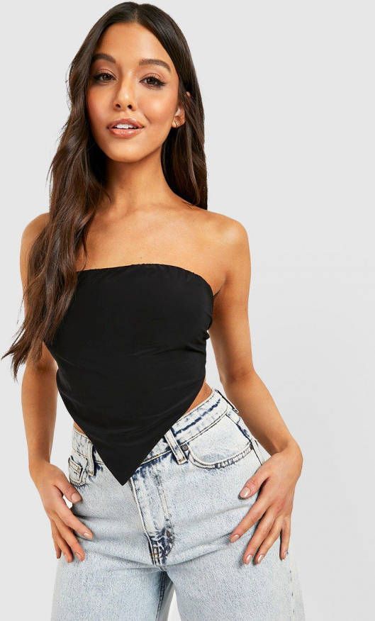 boohoo Strakke Bandeau Crop Top Met Rug Strik En Puntige Zoom, Black