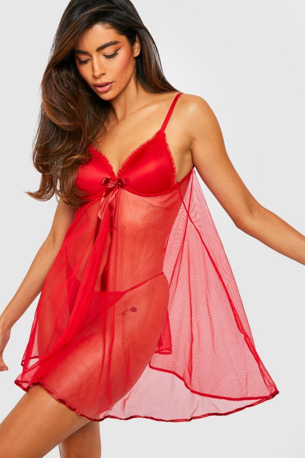 boohoo Super Push Up Babydoll En String Set, Red