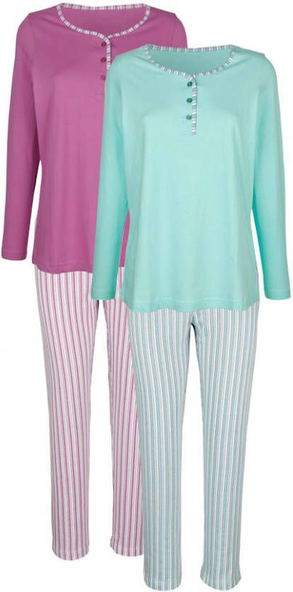 harmony Pyjama's per 2 met contrastkleurige hals Lichtgroen/Wit/Cyclaam