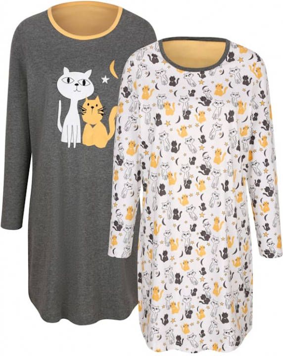 harmony Nachthemden per 2 stuks met schattig kattenmotief Wit/Donkergrijs