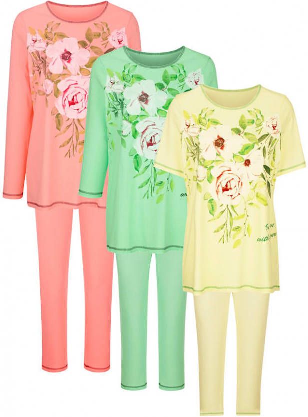 harmony Pyjama's per 3 stuks met 3 verschillende mouwlengtes Vanille/Appelgroen/Koraal