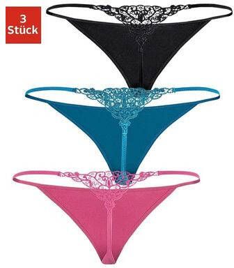 Lascana String Cotton made in Africa Dessous met leuke gehaakte kant achter(set, 3 stuks )