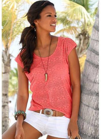 Lascana T shirt Etskantkwaliteit met iets transparant etno design(Set van 2 )