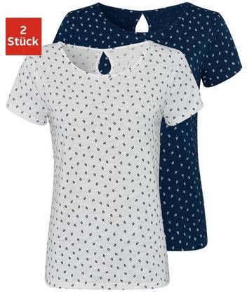 Lascana T shirt met leuke bladprint en cut out in de nek(Set van 2 )